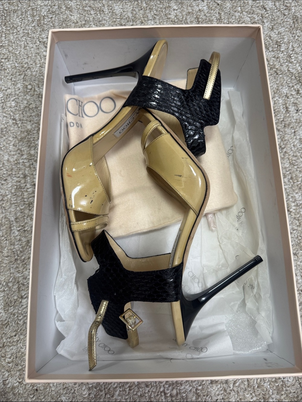 Jimmy Choo Black and Gold High Heel Strappy Sandals (As Is)